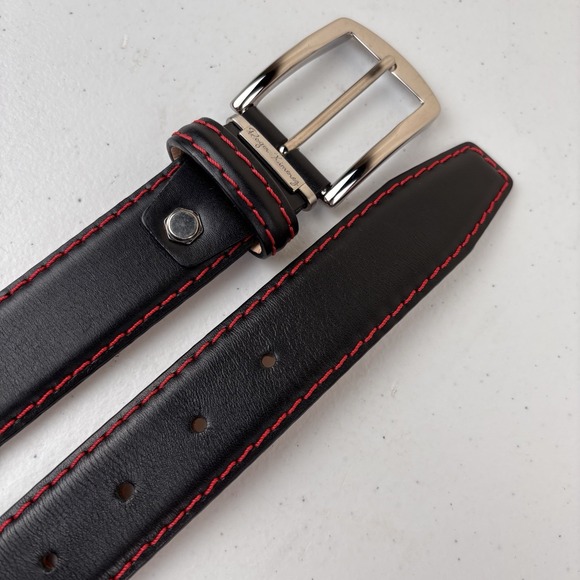 Roger Ximenez Belt Sz 36 Black Leather Red Stitching Italian Calf Handmade USA
